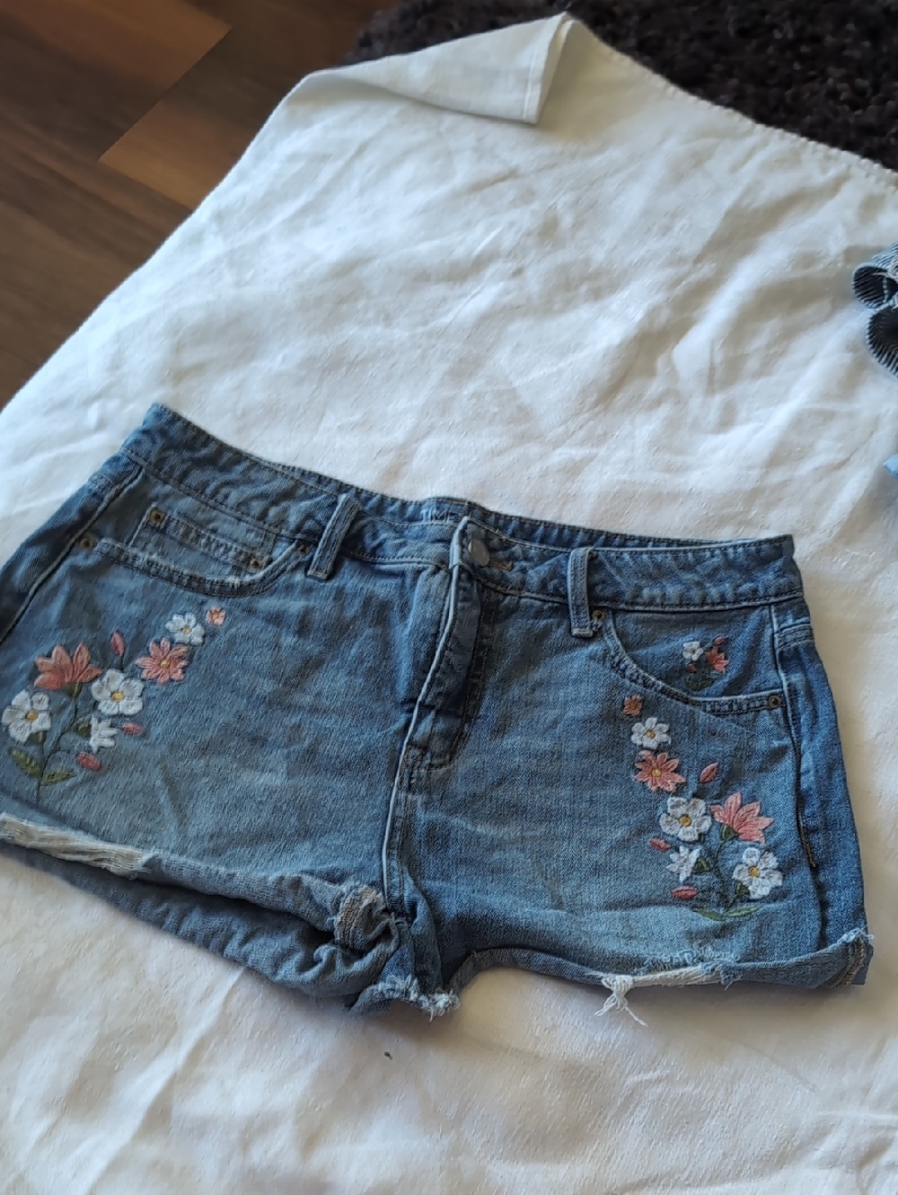 Mossimo Supply Co. Embroidered Blue Denim Shorts with Pink & White Flowers